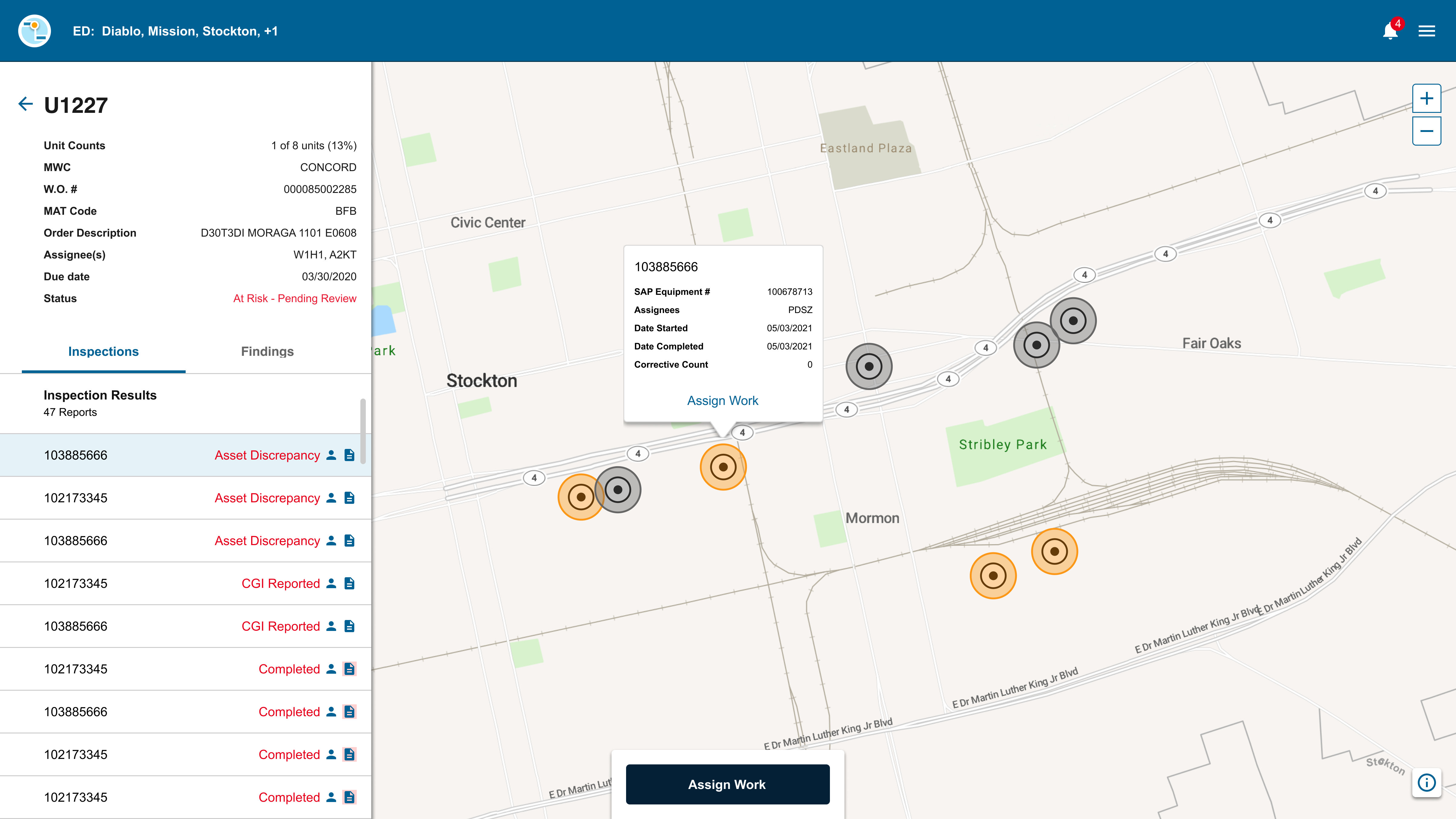 Work order detail page with work order details, an inspections list and a map of asset symbols